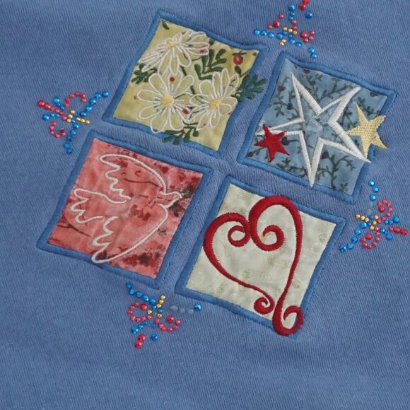 Vintage M&C Sportswear Blue w Daisy Dove Heart Star Crewneck Sweater Xl - Picture 9 of 11